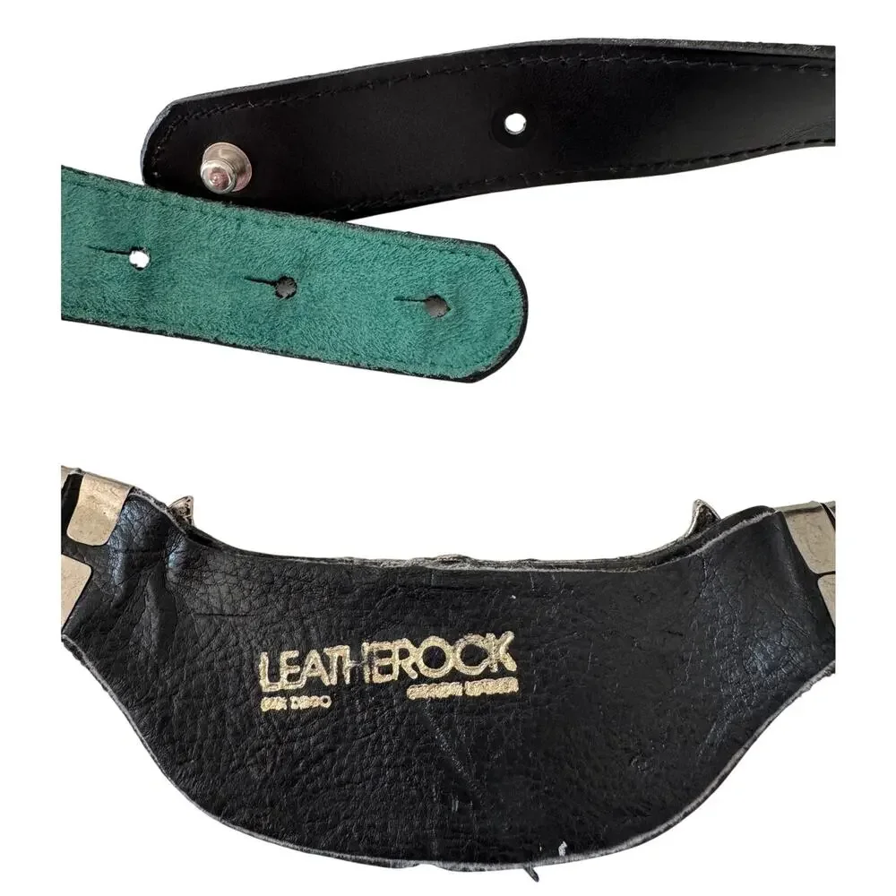 Vintage ‘90s Leatherock Green Leather Belt w/ Black Stone & Silver Detail